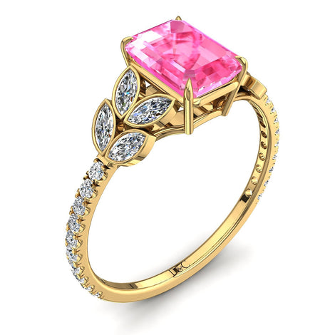 Anello Angela Emerald con zaffiro rosa e diamanti marquise in oro giallo 1.80 carati