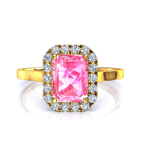 Bague saphir rose Émeraude et diamants ronds 0.90 carat or jaune Capri