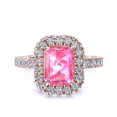 Solitario zaffiro rosa smeraldo e diamanti tondi 1.50 carati Viviane A/SI / oro rosa 18 carati