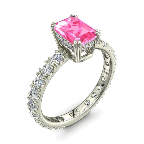 Solitario Smeraldo zaffiro rosa e diamanti tondi Valentina in oro bianco 1.70 carati