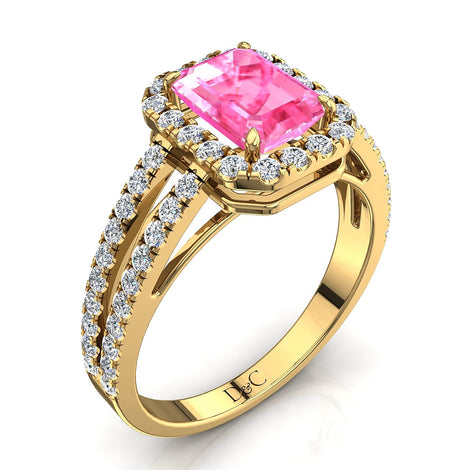 Bague de fiançailles saphir rose Émeraude et diamants ronds 1.80 carat or jaune Genova