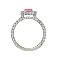 Anello di fidanzamento smeraldo zaffiro rosa e diamanti tondi 2.20 carati oro bianco Viviane