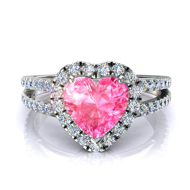 Anello in oro bianco 1.10 carati Genova A / SI / 18 carati con zaffiro rosa a cuore e diamanti tondi