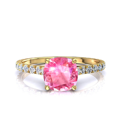 Solitario cojín zafiro rosa y diamantes redondos 0.60 quilates Jenny A/SI/Oro amarillo 18k