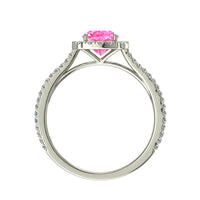 Anello di fidanzamento Alida in oro bianco 0.90 carati con zaffiro rosa cuscino e diamanti tondi