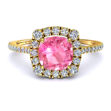 Anello di fidanzamento Alida con zaffiro rosa cushion da 0.90 carati e diamante rotondo A/SI/oro giallo 18 carati