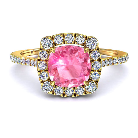Anello di fidanzamento Alida in oro giallo 0.90 carati con zaffiro rosa cushion e diamanti tondi