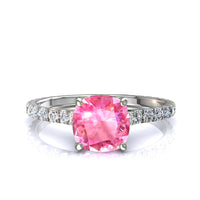 Anello di fidanzamento cuscino zaffiro rosa e diamanti tondi 1.30 carati oro bianco Jenny
