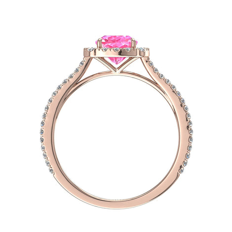 Solitario cuscino in zaffiro rosa e diamanti tondi Alida in oro rosa 1.80 carati