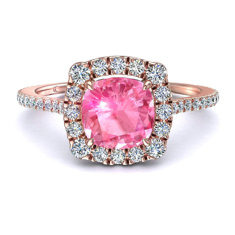 Solitario cuscino in zaffiro rosa e diamanti tondi Alida in oro rosa 1.80 carati