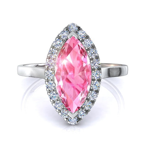 Anello di fidanzamento con zaffiro rosa marquise e diamanti tondi Capri in oro bianco 0.90 carati