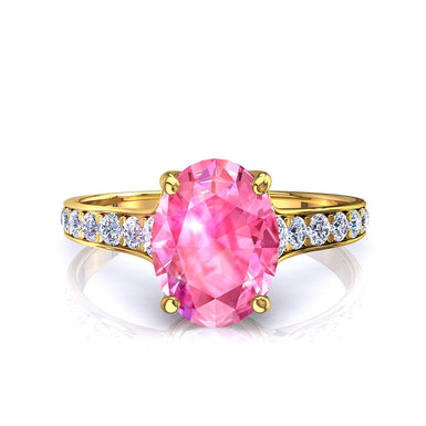 Solitario zaffiro rosa ovale e diamanti tondi 0.60 carati Cindirella A/SI/oro giallo 18k