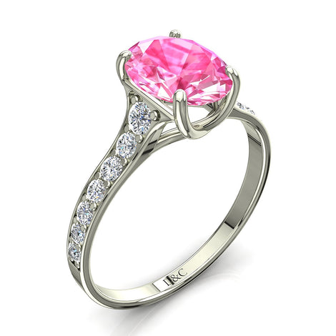 Solitario zaffiro rosa ovale e diamanti tondi Cindirella in oro bianco 0.80 carati