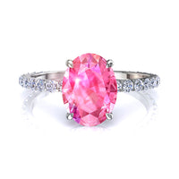 Solitario con zaffiro rosa ovale e diamanti tondi San Valentino in oro bianco 1.20 carati