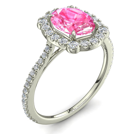 Solitario zaffiro rosa ovale e diamanti tondi Alida in oro bianco 2.60 carati