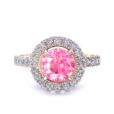 Solitaire round pink sapphire and round diamonds 1.50 carat Viviane A / SI / 18-carat Rose Gold