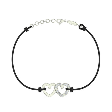Bracelet cordon 2 Cœurs en Or avec diamant Or Blanc 18 carats / Noir