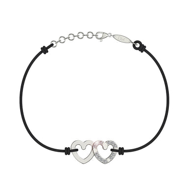Bracelet cordon 2 Cœurs en argent avec diamant Noir / Pochette