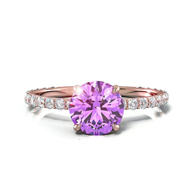 紫水晶订婚戒指 - 圆形 1.00 克拉情人节 18k 玫瑰金