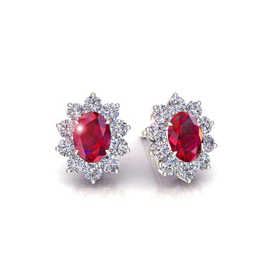 Boucles d'oreilles rubis ovales et diamants ronds 1.00 carat Elisabeth A / SI / Or Blanc 18 carats
