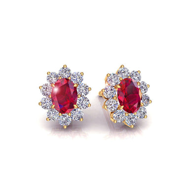 Boucles d'oreilles rubis ovales et diamants ronds 1.00 carat Elisabeth A / SI / Or Jaune 18 carats