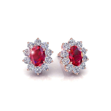 Boucles d'oreilles rubis ovales et diamants ronds 1.00 carat Elisabeth A / SI / Or Rose 18 carats