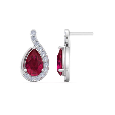 Boucles d'oreilles rubis poires et diamants ronds 0.90 carat Stella A / SI / Or Blanc 18 carats