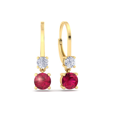 Boucles d'oreilles rubis ronds et diamants ronds 0.70 carat Perla A / SI / Or Jaune 18 carats