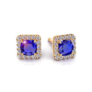 Boucles d'oreilles saphirs coussins et diamants ronds 0.90 carat Margareth A / SI / Or Jaune 18 carats