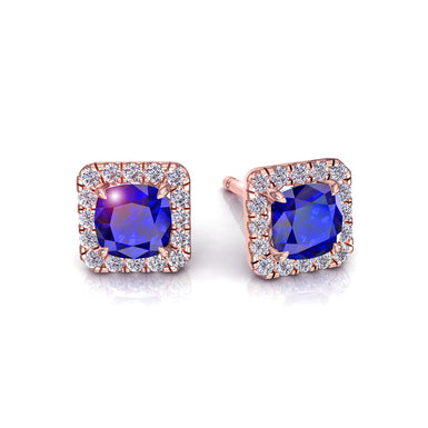 Boucles d'oreilles saphirs coussins et diamants ronds 0.90 carat Margareth A / SI / Or Rose 18 carats