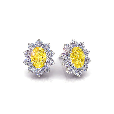 Boucles d'oreilles saphirs jaunes ovales et diamants ronds 1.00 carat Elisabeth A / SI / Or Blanc 18 carats