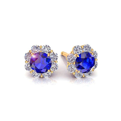 Boucles d'oreilles saphirs ronds et diamants ronds 0.96 carat Victoria A / SI / Or Jaune 18 carats