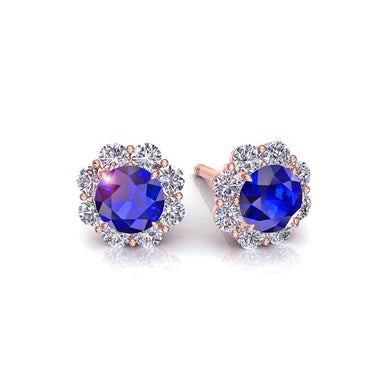 Boucles d'oreilles saphirs ronds et diamants ronds 0.96 carat Victoria A / SI / Or Rose 18 carats