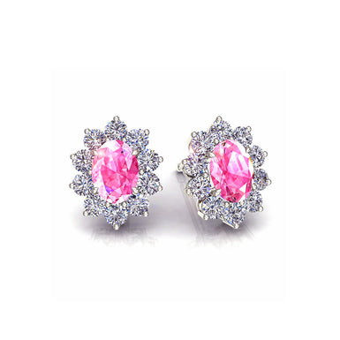 Boucles d'oreilles saphirs roses ovales et diamants ronds 1.00 carat Elisabeth A / SI / Or Blanc 18 carats