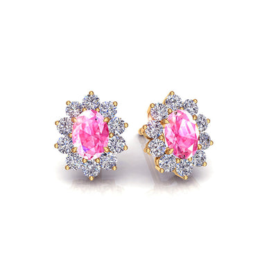 Boucles d'oreilles saphirs roses ovales et diamants ronds 1.00 carat Elisabeth A / SI / Or Jaune 18 carats