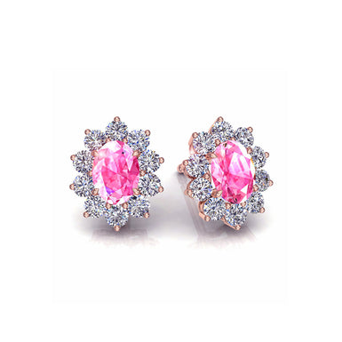 Boucles d'oreilles saphirs roses ovales et diamants ronds 1.00 carat Elisabeth A / SI / Or Rose 18 carats