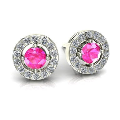 Orecchini con zaffiri rosa tondi e diamanti tondi 0.70 carati Giulia tondi A / SI / Oro bianco 18K