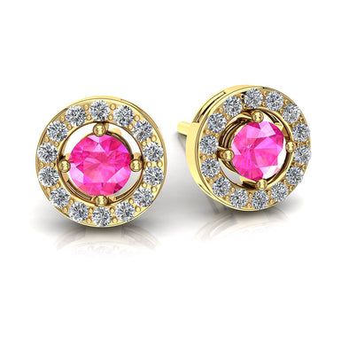Orecchini con zaffiri rosa tondi e diamanti tondi 0.70 carati Giulia tondi A / SI / Oro giallo 18 carati