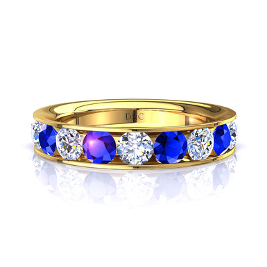 Half wedding band 11 round sapphires and round diamonds 0.55 carat Ashley A / SI / 18 carat Yellow Gold