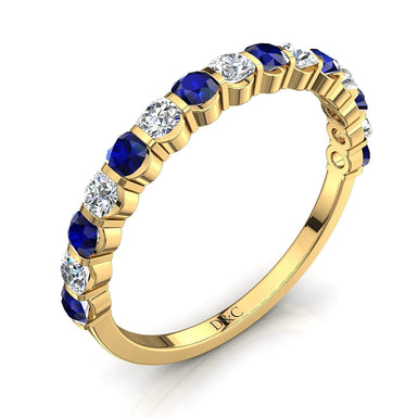 Half wedding band 15 round sapphires and round diamonds 0.60 carat Alicia A / SI / 18k Yellow Gold