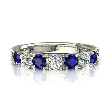 半婚戒指 15 颗圆形蓝宝石和圆形钻石 0.75 克拉 Adelia A / SI / 18K 白金