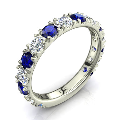 半婚戒指 15 颗圆形蓝宝石和圆形钻石 0.75 克拉 Adelia A / SI / 18K 白金