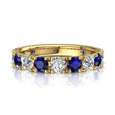 Meia aliança de casamento 15 safiras redondas e diamantes redondos 0.75 quilates Adelia A / SI / 18 quilates ouro amarelo