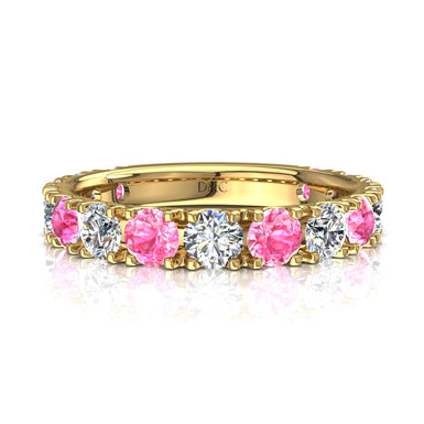 Mezza fede 15 zaffiri rosa tondi e diamanti tondi 0.75 carati Adelia A / SI / Oro giallo 18 carati