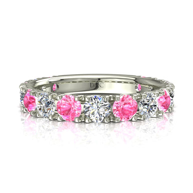 Mezza fede nuziale 15 zaffiri rosa tondi e diamanti tondi 0.75 carati Adelia A / SI / Oro bianco 18 carati
