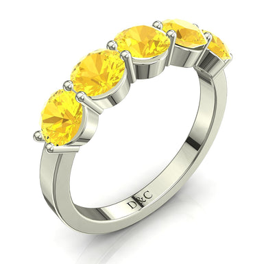 Demi-alliance 5 saphirs jaunes ronds 0.50 carat Adia A / SI / Or Blanc 18 carats