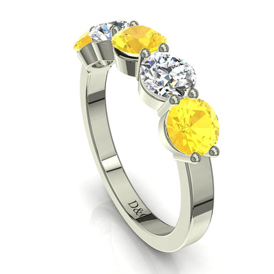 Demi-alliance 5 saphirs jaunes ronds et diamants ronds 0.50 carat Adia A / SI / Or Blanc 18 carats