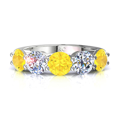 Demi-alliance 5 saphirs jaunes ronds et diamants ronds 0.50 carat Adia A / SI / Platine