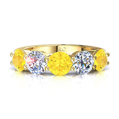 Mezza fede 5 zaffiri gialli tondi e diamanti tondi 0.50 carati Adia A / SI / Oro giallo 18 carati