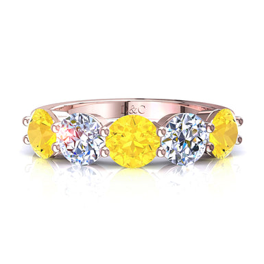 Demi-alliance 5 saphirs jaunes ronds et diamants ronds 0.50 carat Adia A / SI / Or Rose 18 carats